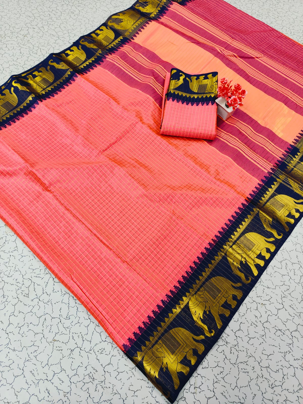 Trending Rashmika Checked Fancy Cotton Sarees Collection