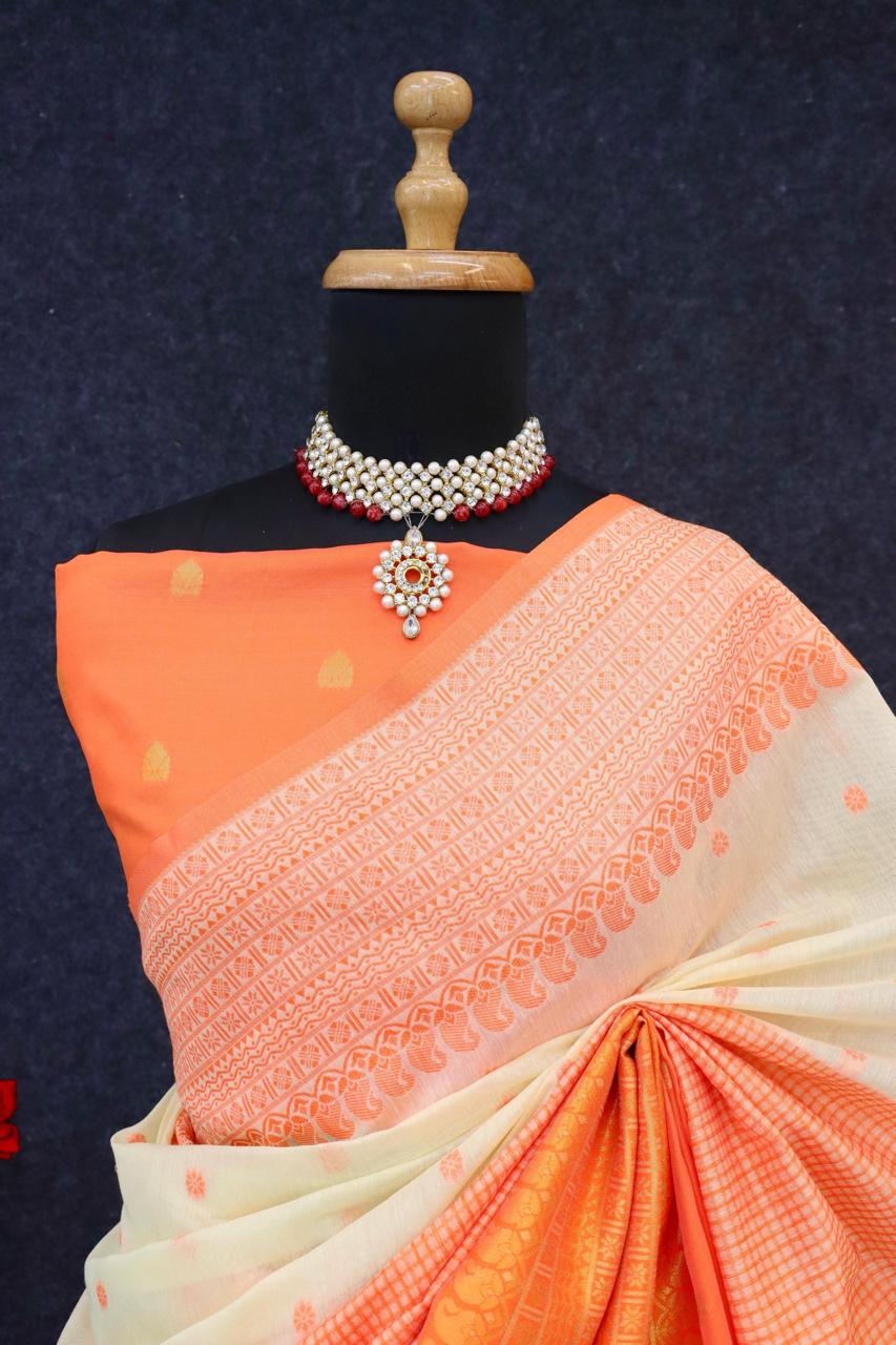 Kalyani cotton with gold jari silk saree