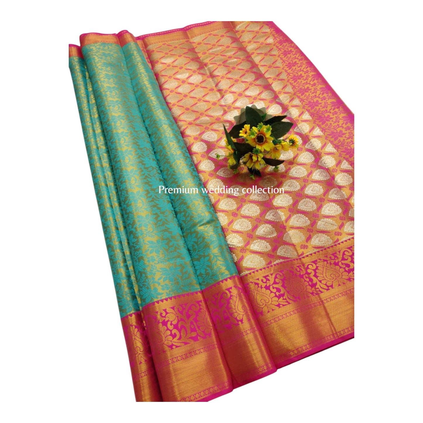 Colorful saree with floral decoration on a white background