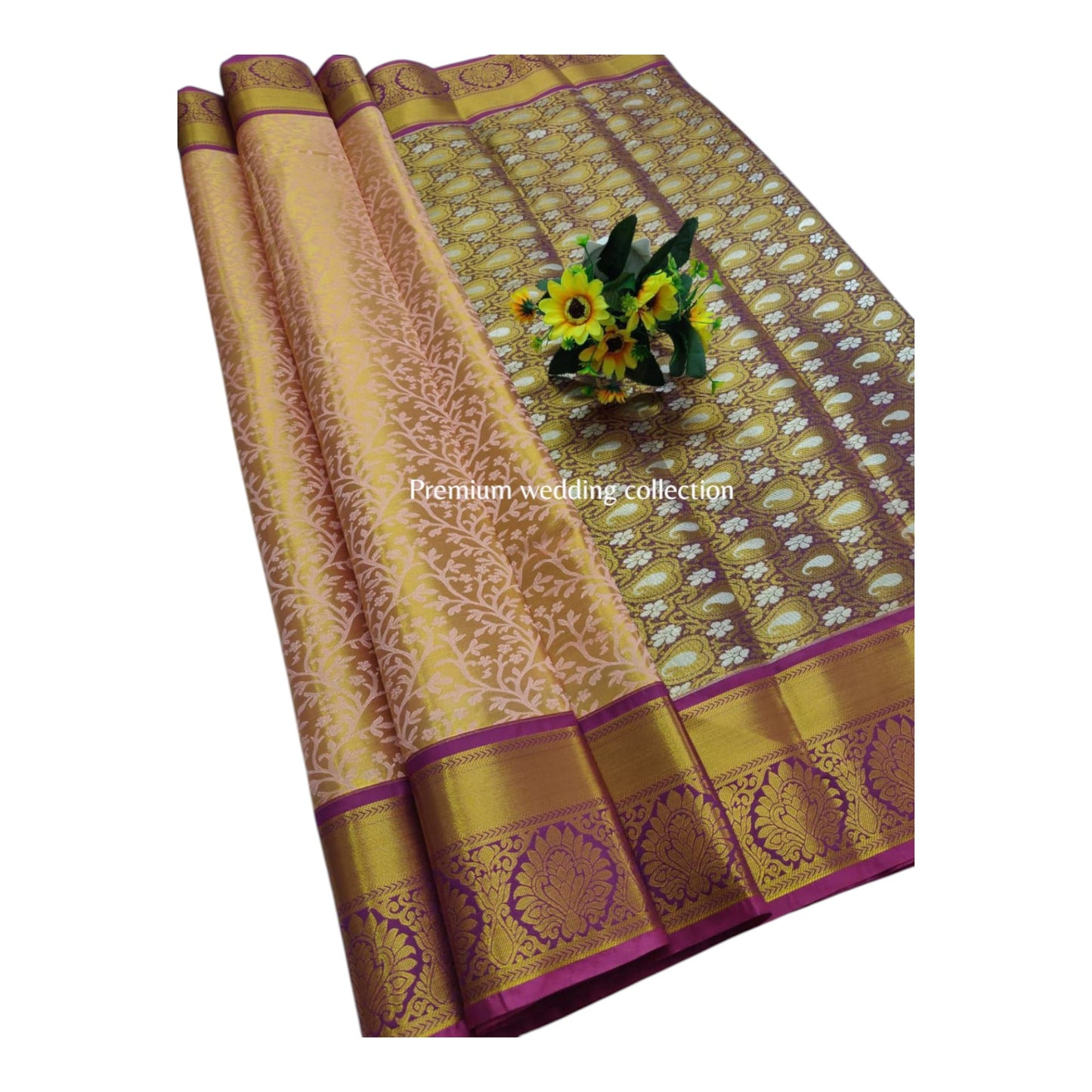 Decorative table runner with floral arrangement on a white background