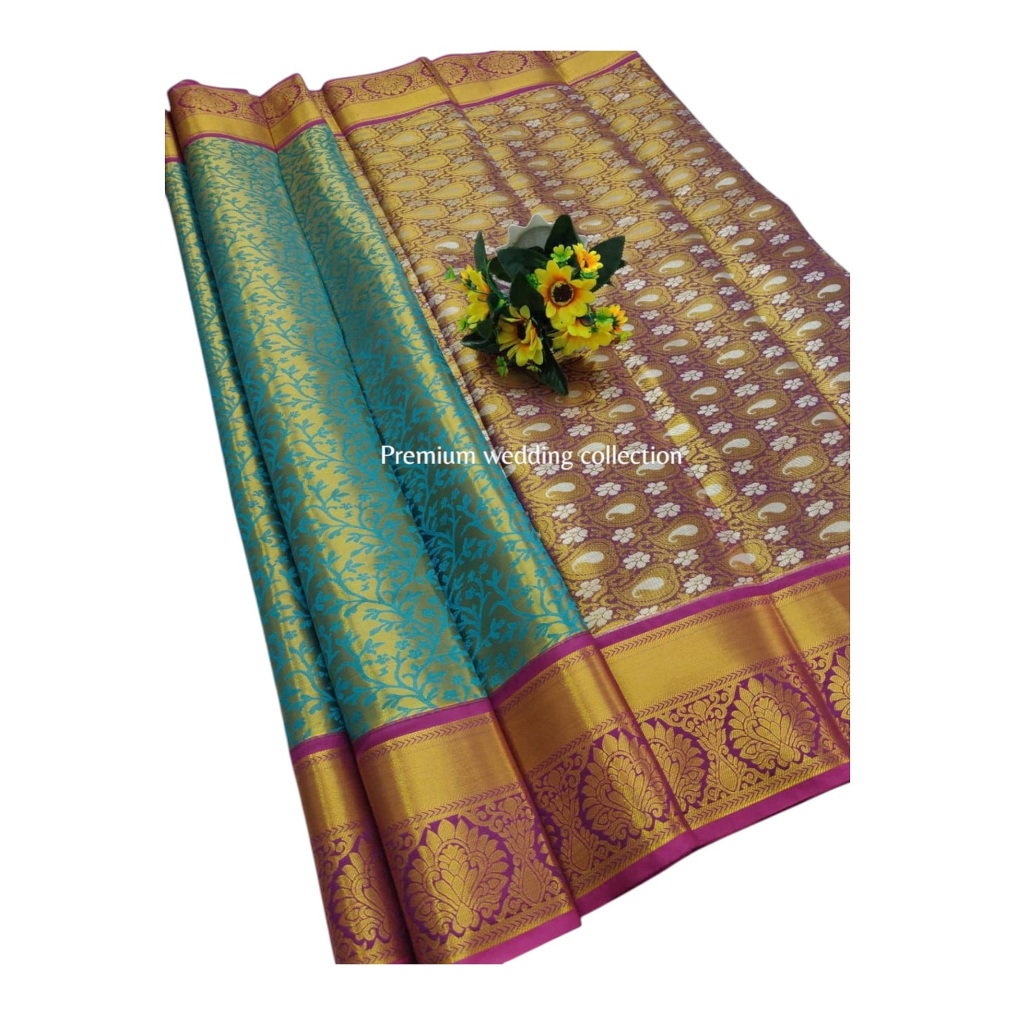 Colorful saree with floral decoration on a white background