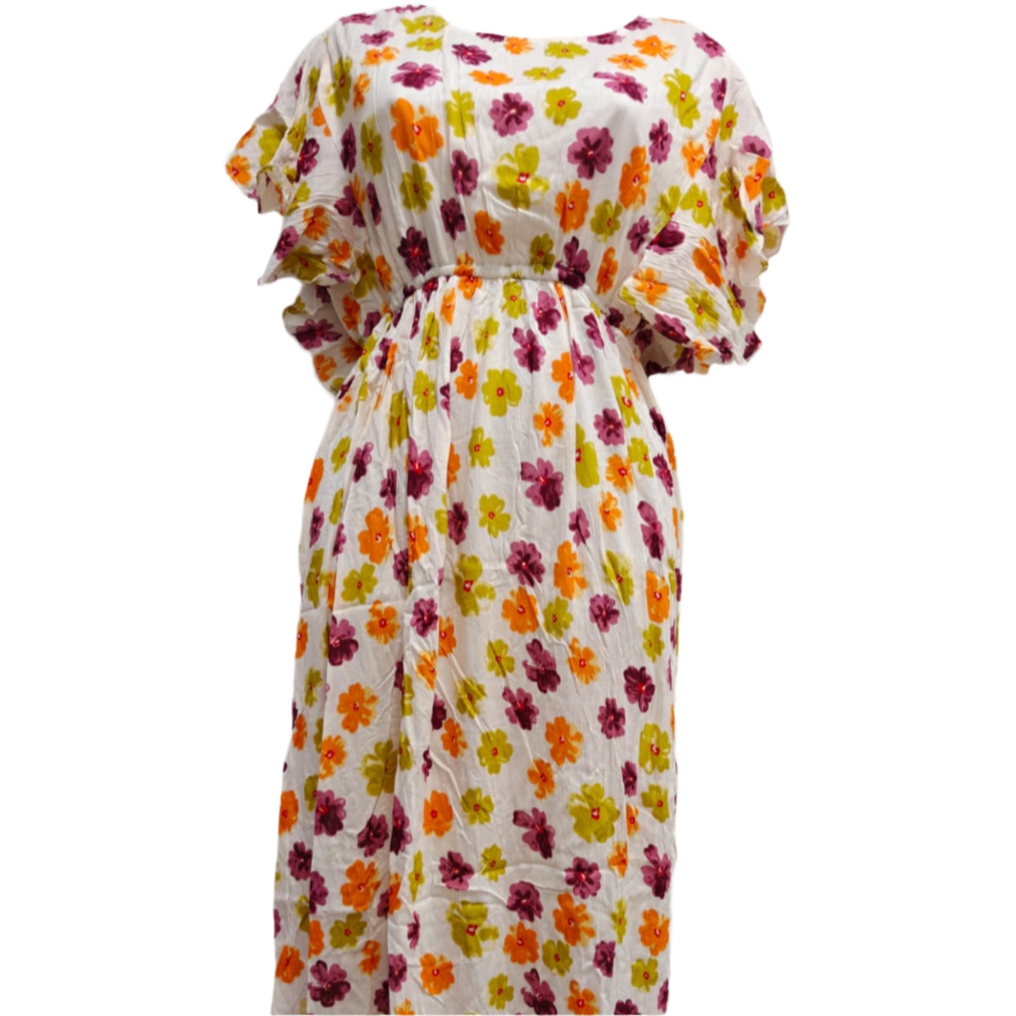 Floral dress with colorful pattern on a white marble background