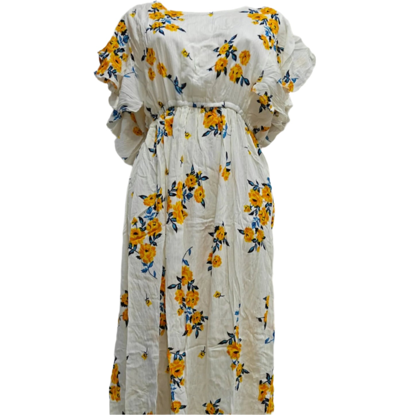 White dress with yellow floral pattern on a mannequin against a marble wall.