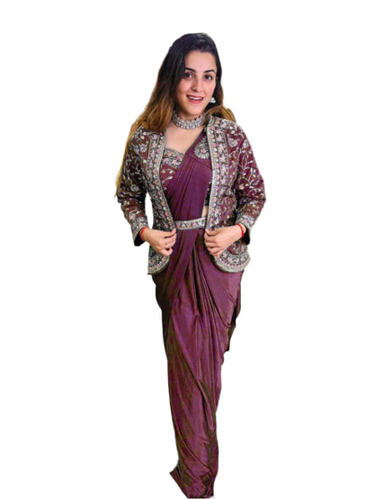 *New Super Trending Embroidery Sequence work ready to wear saree with full koti