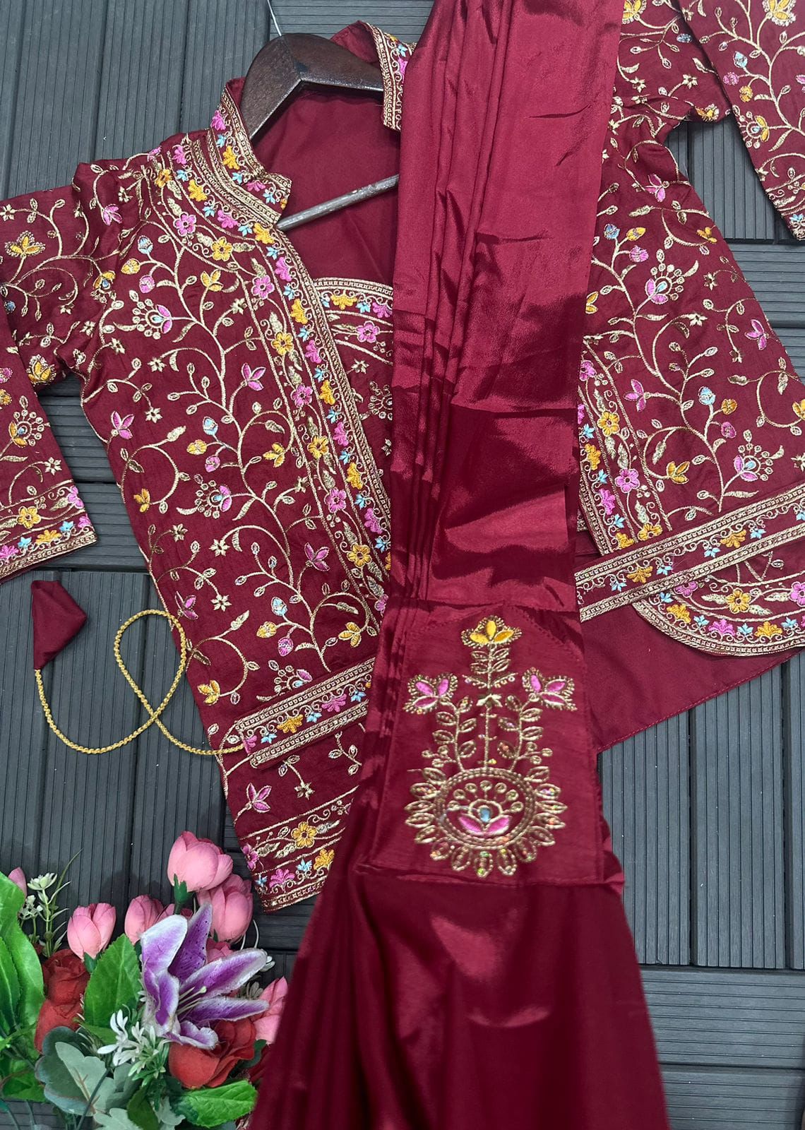 *New Super Trending Embroidery Sequence work ready to wear saree with full koti