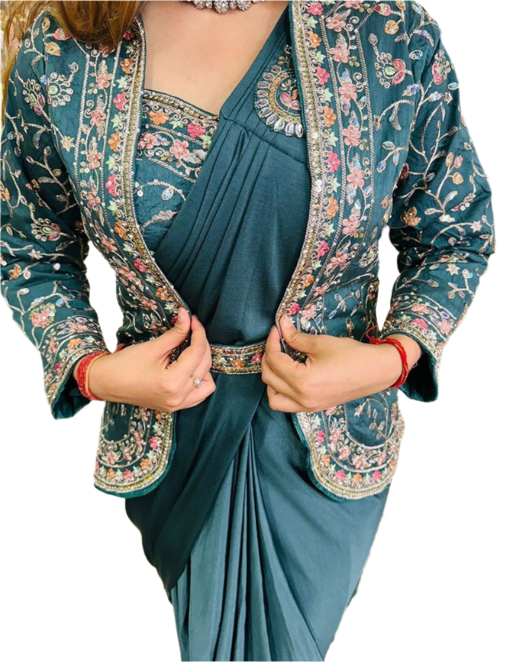 *New Super Trending Embroidery Sequence work ready to wear saree with full koti