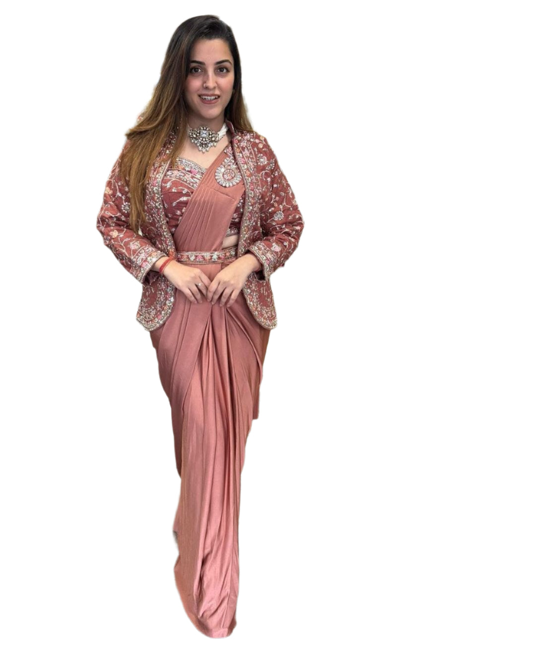 *New Super Trending Embroidery Sequence work ready to wear saree with full koti