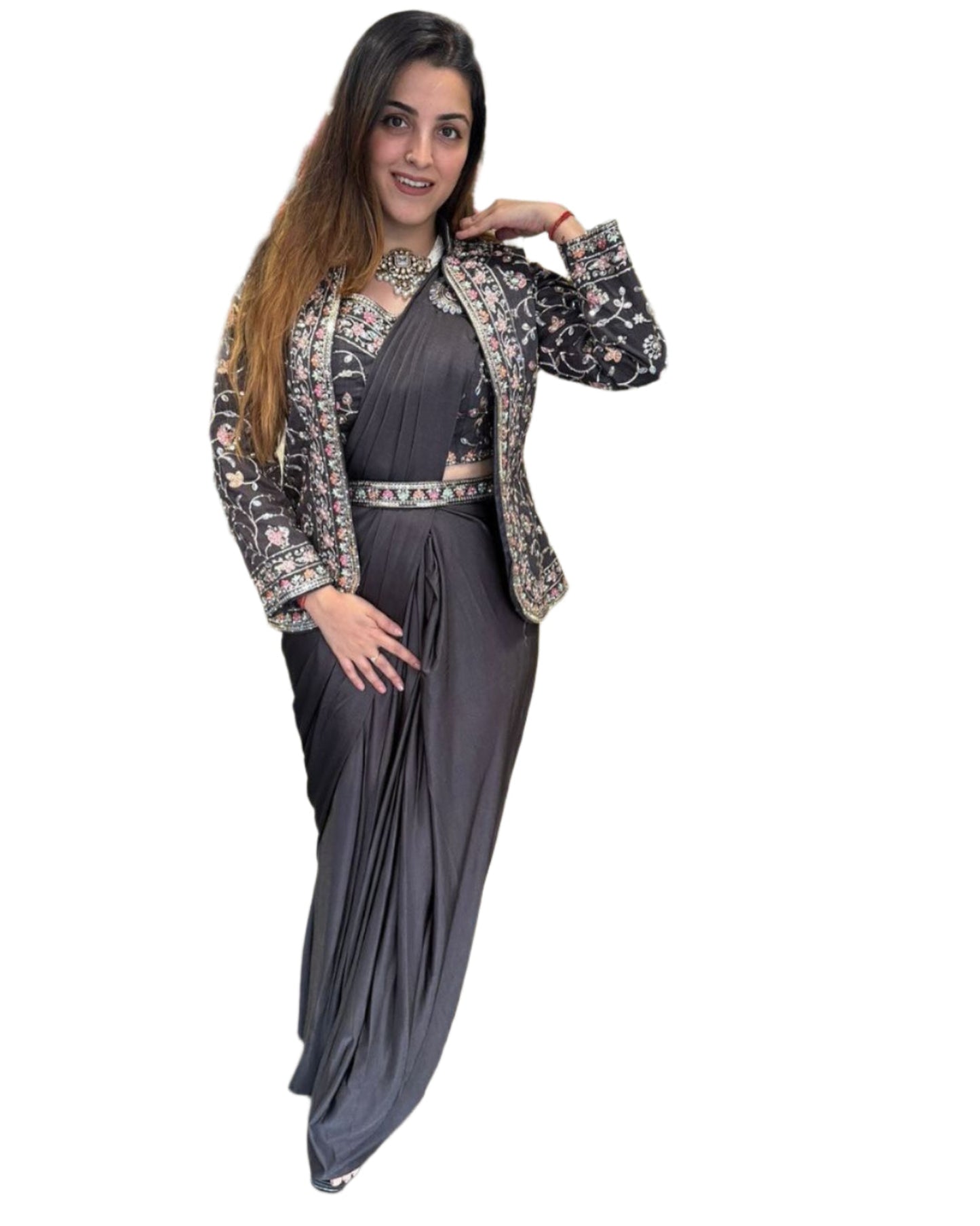 *New Super Trending Embroidery Sequence work ready to wear saree with full koti