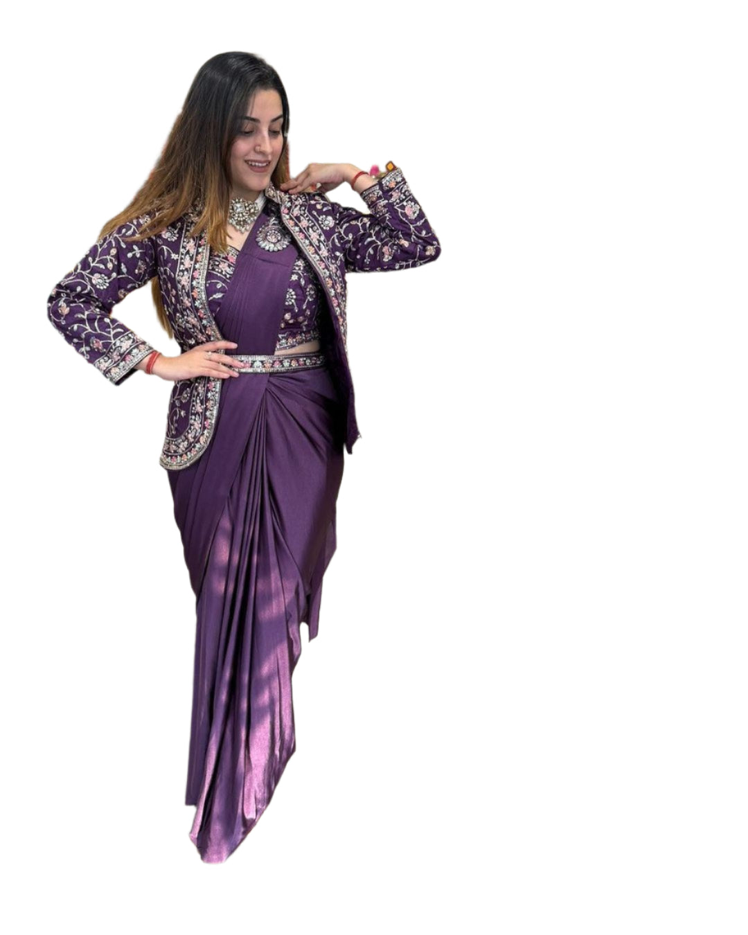 *New Super Trending Embroidery Sequence work ready to wear saree with full koti