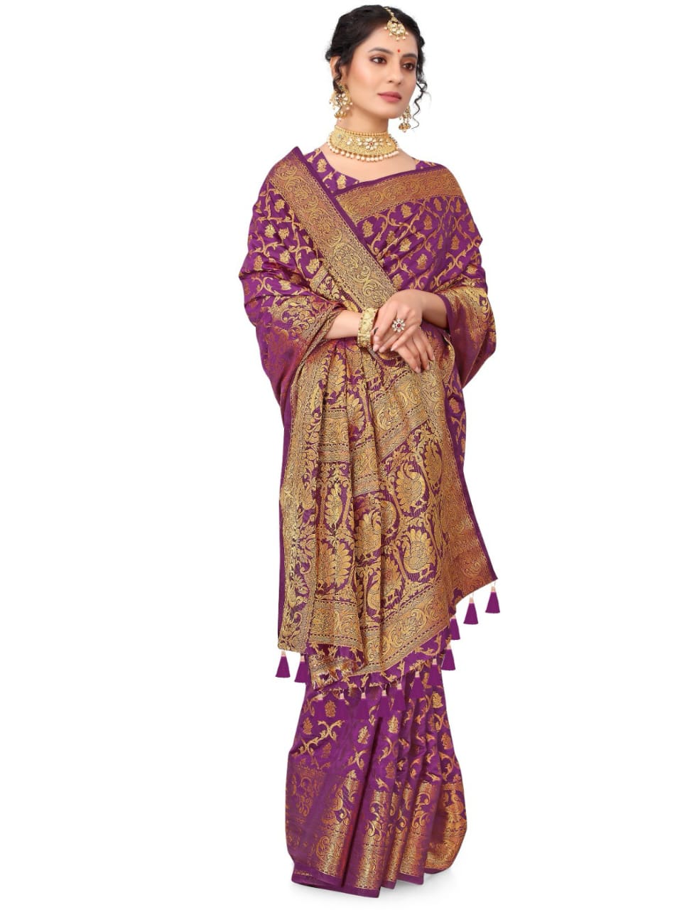 Woman wearing a purple and gold saree with a white background