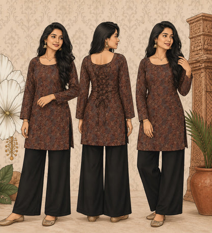 Elegant Women's Rayon Top | Floral Print, Bell Sleeves & Back Dori Style
