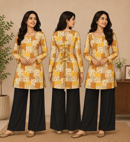 Elegant Women's Rayon Top | Floral Print, Bell Sleeves & Back Dori Style