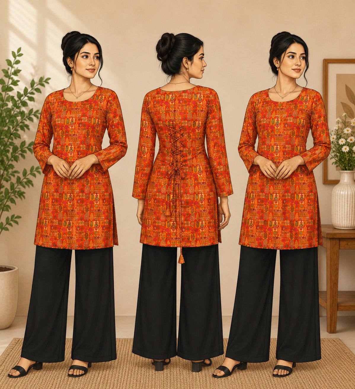 Elegant Women's Rayon Top | Floral Print, Bell Sleeves & Back Dori Style
