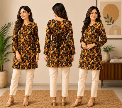 Elegant Women's Rayon Top | Floral Print, Bell Sleeves & Back Dori Style