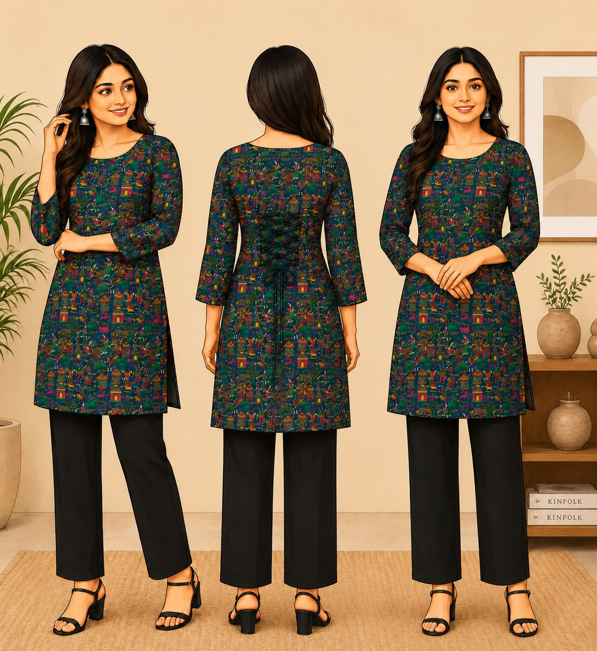 Elegant Women's Rayon Top | Floral Print, Bell Sleeves & Back Dori Style