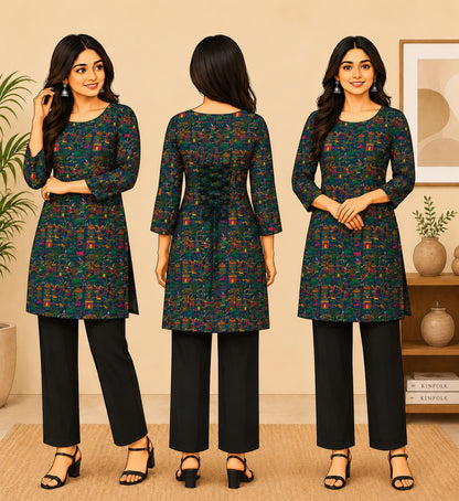 Elegant Women's Rayon Top | Floral Print, Bell Sleeves & Back Dori Style