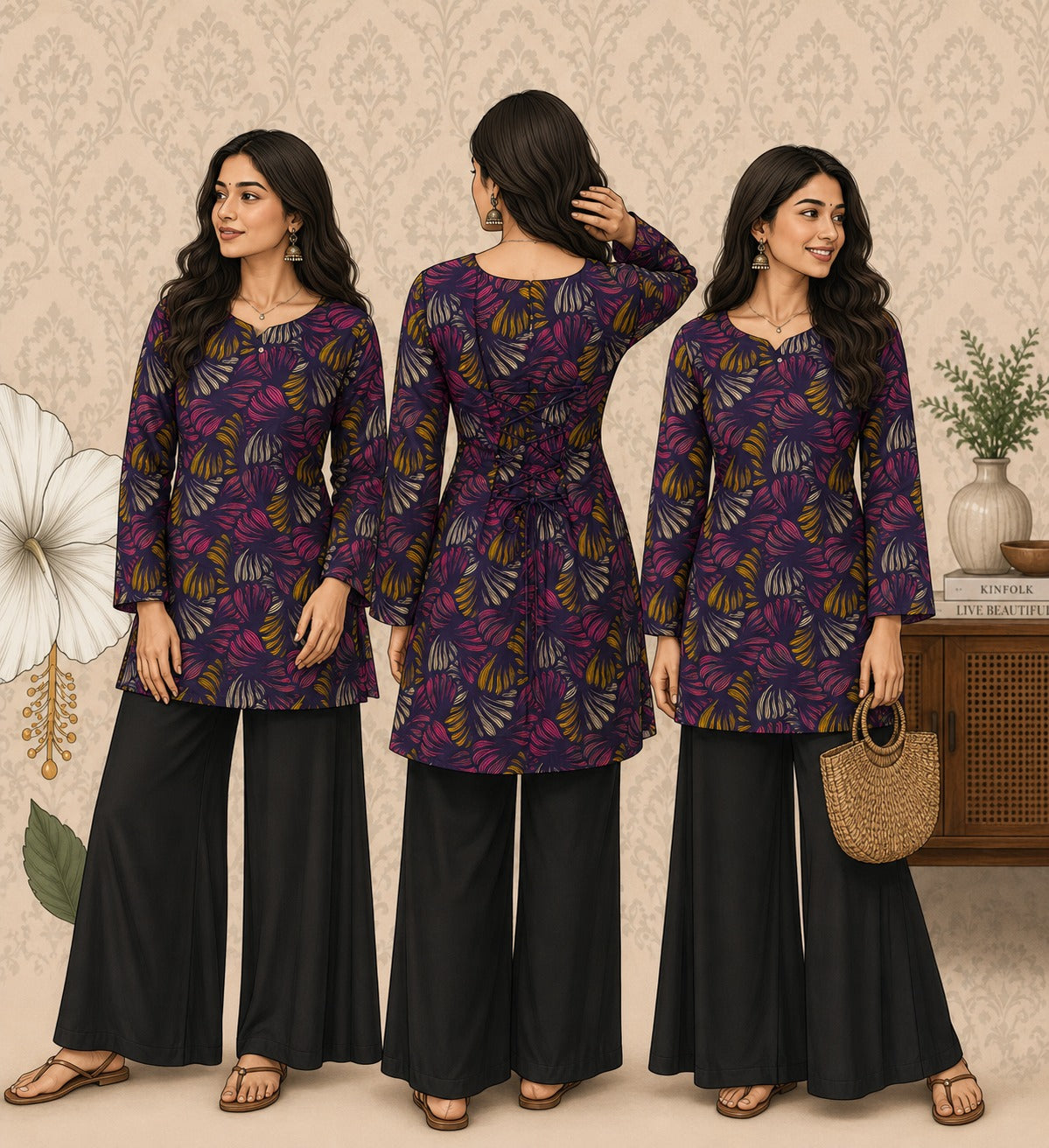 Elegant Women's Rayon Top | Floral Print, Bell Sleeves & Back Dori Style