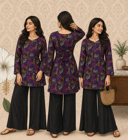 Elegant Women's Rayon Top | Floral Print, Bell Sleeves & Back Dori Style
