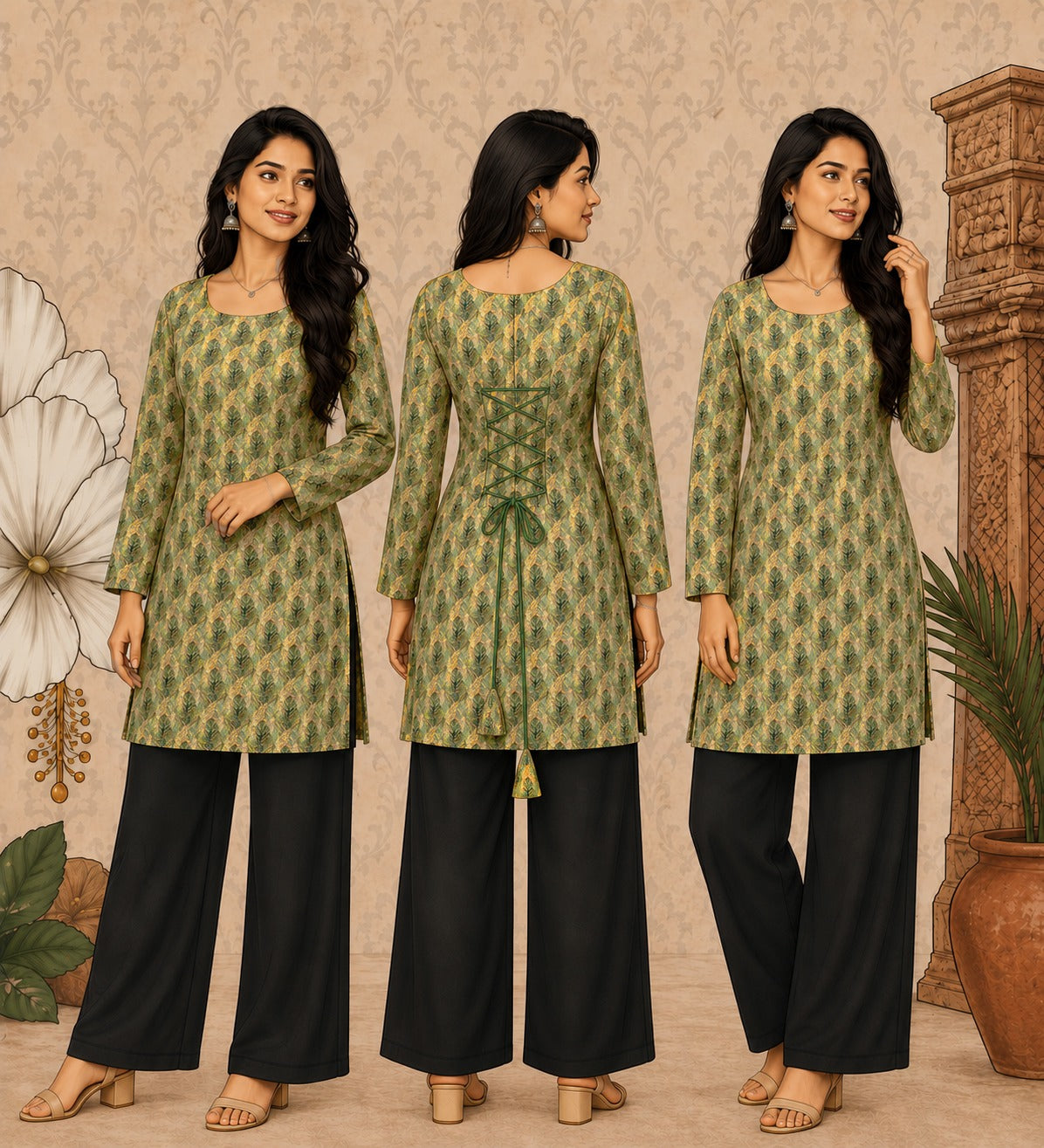 Elegant Women's Rayon Top | Floral Print, Bell Sleeves & Back Dori Style
