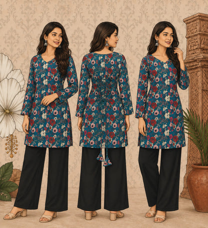 Elegant Women's Rayon Top | Floral Print, Bell Sleeves & Back Dori Style