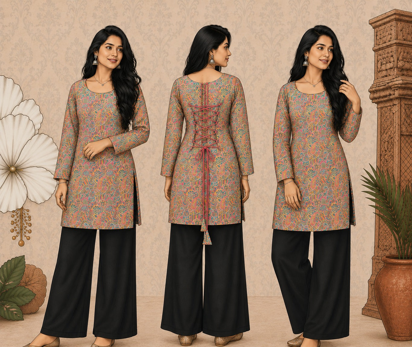 Elegant Women's Rayon Top | Floral Print, Bell Sleeves & Back Dori Style