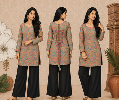 Elegant Women's Rayon Top | Floral Print, Bell Sleeves & Back Dori Style