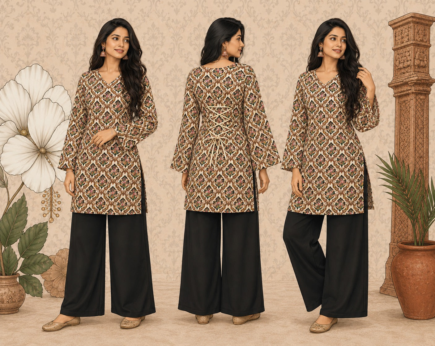 Elegant Women's Rayon Top | Floral Print, Bell Sleeves & Back Dori Style