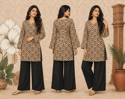 Elegant Women's Rayon Top | Floral Print, Bell Sleeves & Back Dori Style