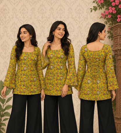 Elegant Women's Rayon Top | Floral Print, Bell Sleeves & Back Dori Style