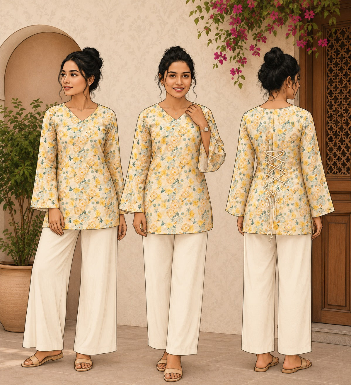 Elegant Women's Rayon Top | Floral Print, Bell Sleeves & Back Dori Style