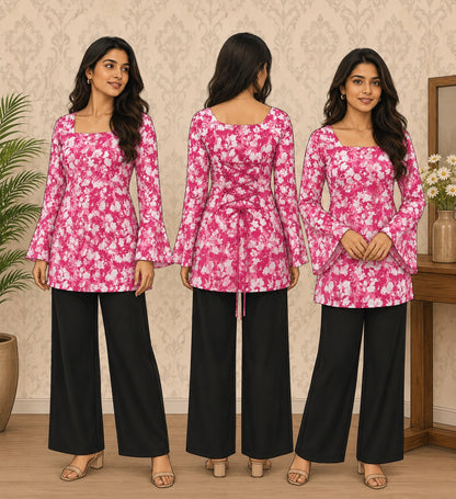 Elegant Women's Rayon Top | Floral Print, Bell Sleeves & Back Dori Style