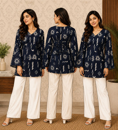Elegant Women's Rayon Top | Floral Print, Bell Sleeves & Back Dori Style