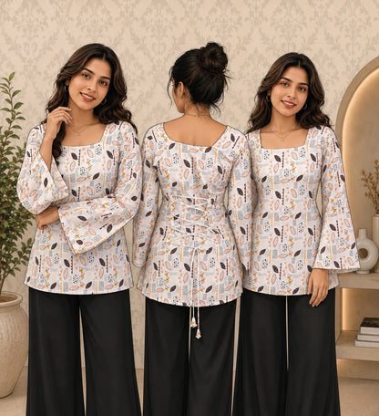 Elegant Women's Rayon Top | Floral Print, Bell Sleeves & Back Dori Style
