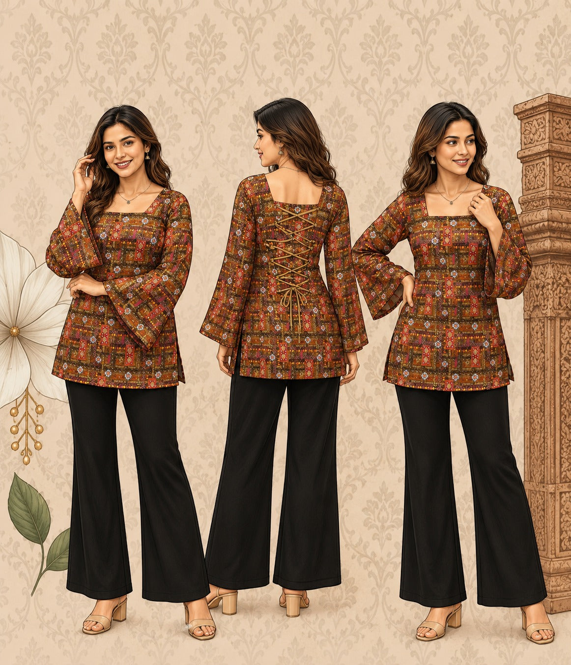 Elegant Women's Rayon Top | Floral Print, Bell Sleeves & Back Dori Style
