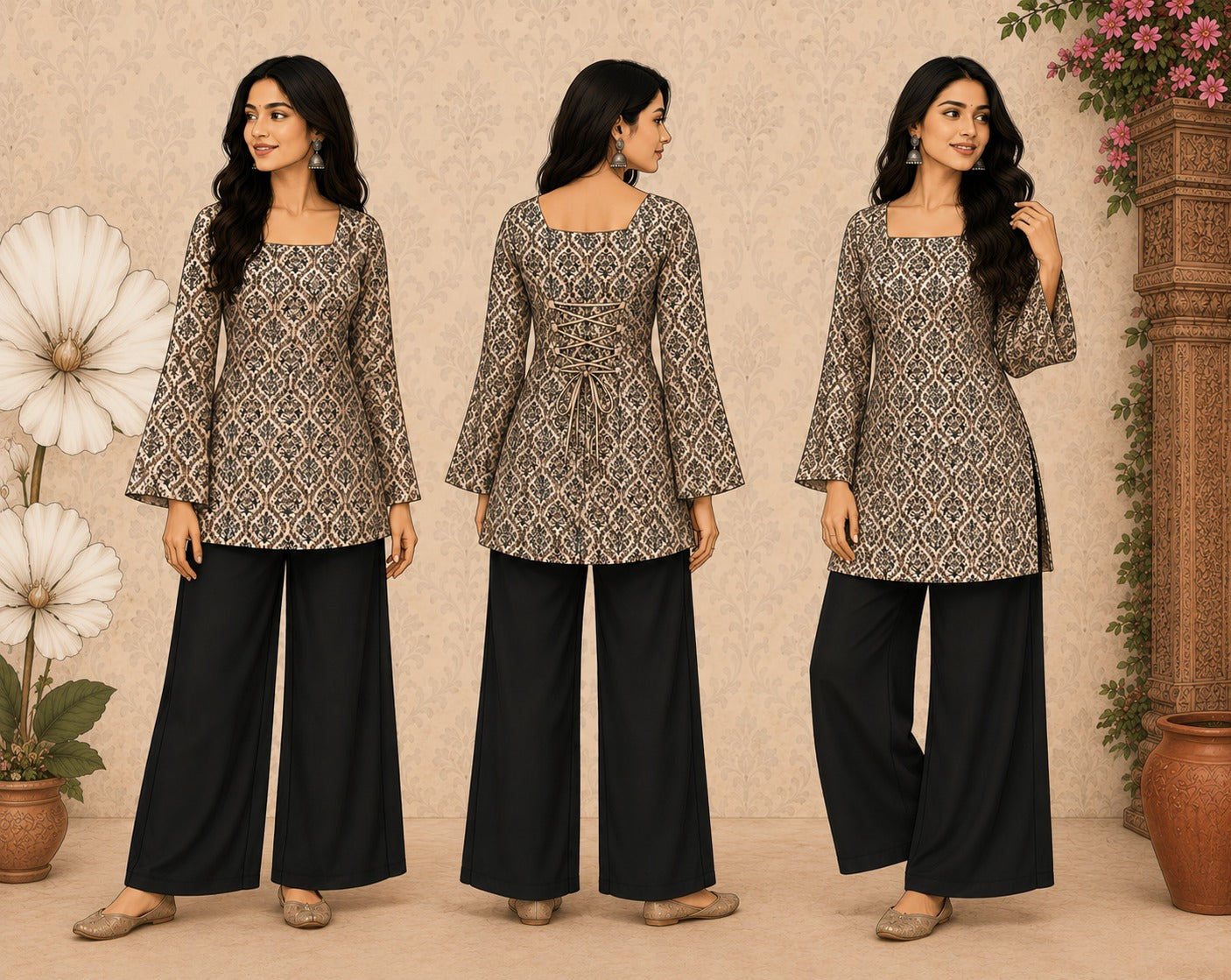 Elegant Women's Rayon Top | Floral Print, Bell Sleeves & Back Dori Style