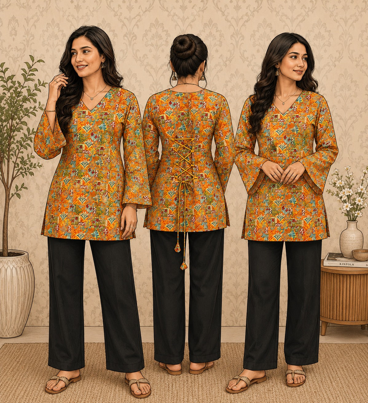 Elegant Women's Rayon Top | Floral Print, Bell Sleeves & Back Dori Style