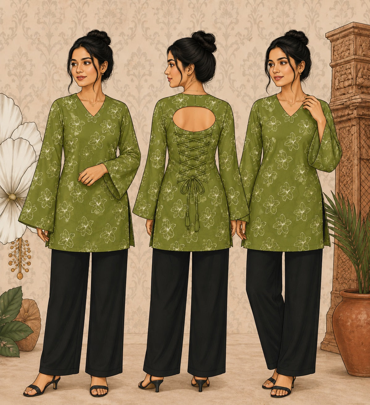 Elegant Women's Rayon Top | Floral Print, Bell Sleeves & Back Dori Style