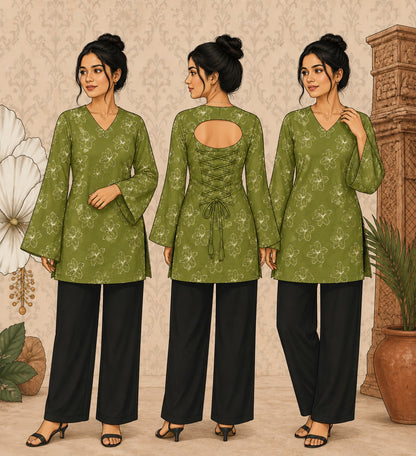 Elegant Women's Rayon Top | Floral Print, Bell Sleeves & Back Dori Style