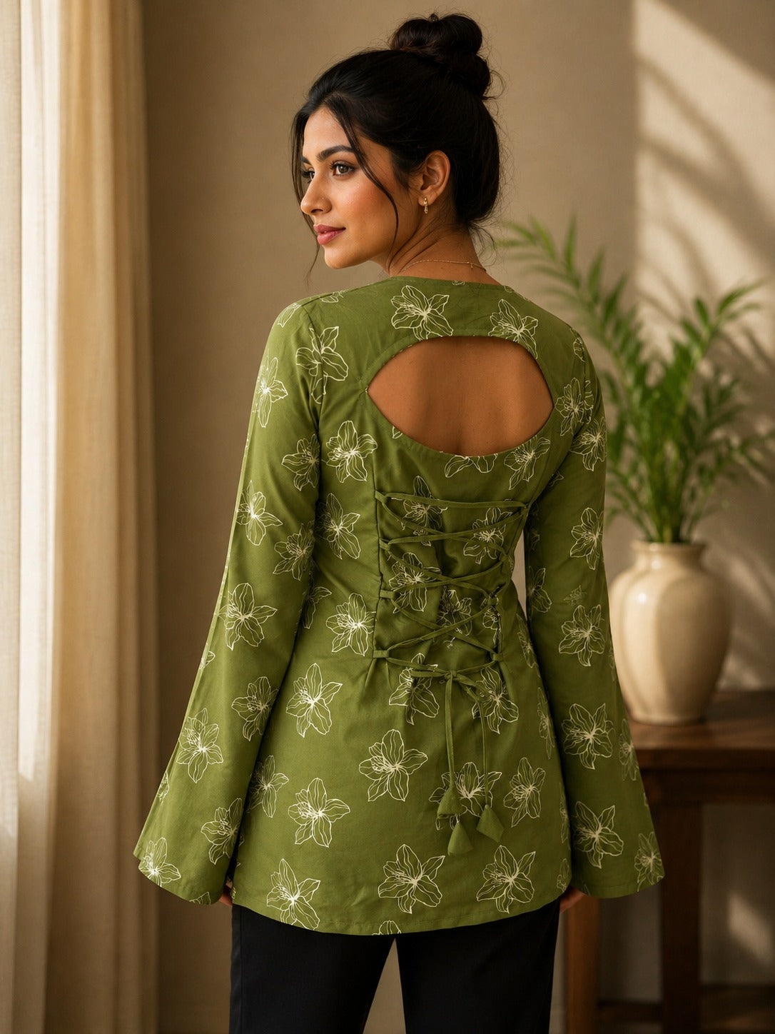 Elegant Women's Rayon Top | Floral Print, Bell Sleeves & Back Dori Style