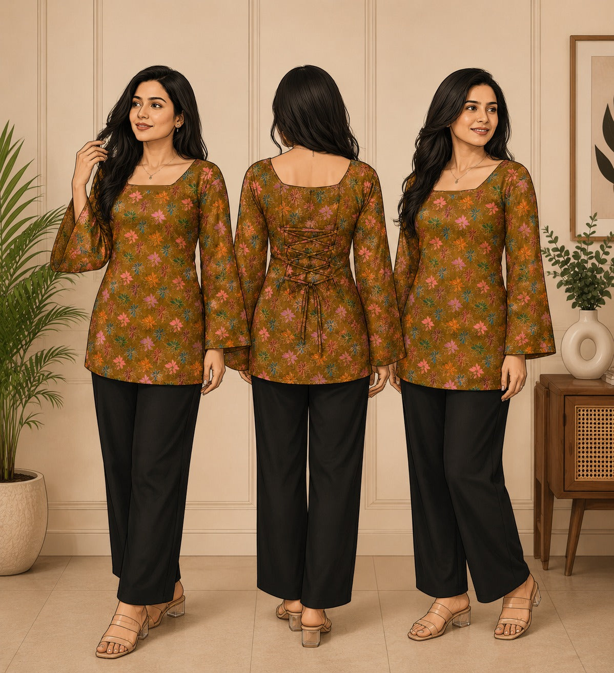 Elegant Women's Rayon Top | Floral Print, Bell Sleeves & Back Dori Style