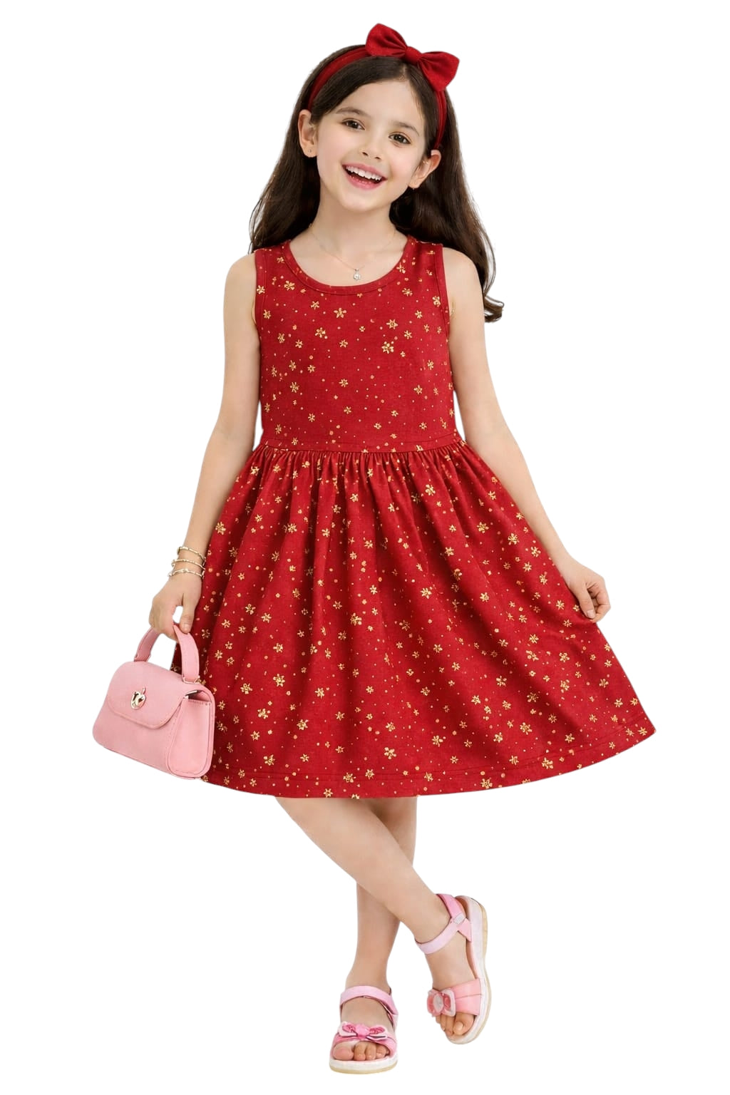 Girls red floral print frock dress