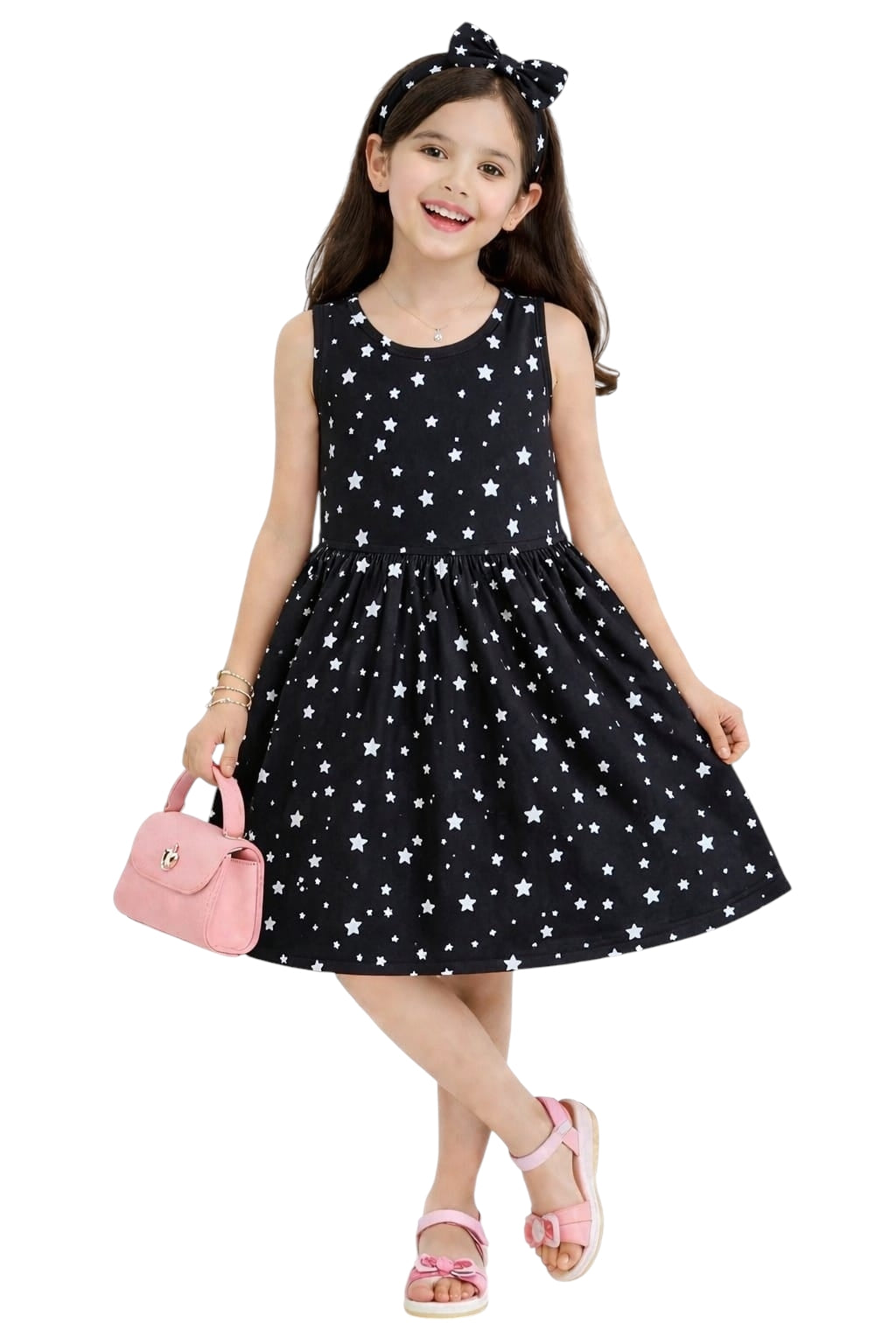 Girls pink Stitch print frock dress