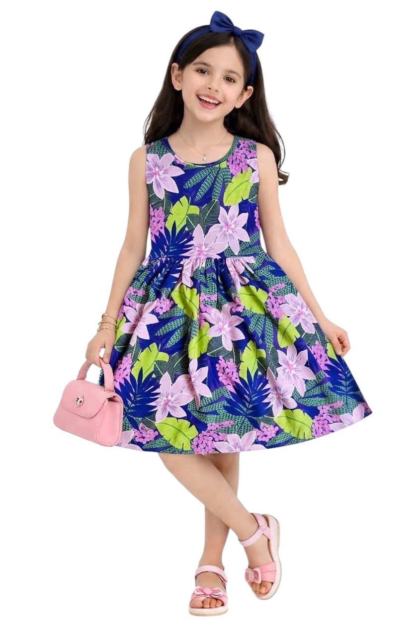 Girls blue tropical floral print frock dress