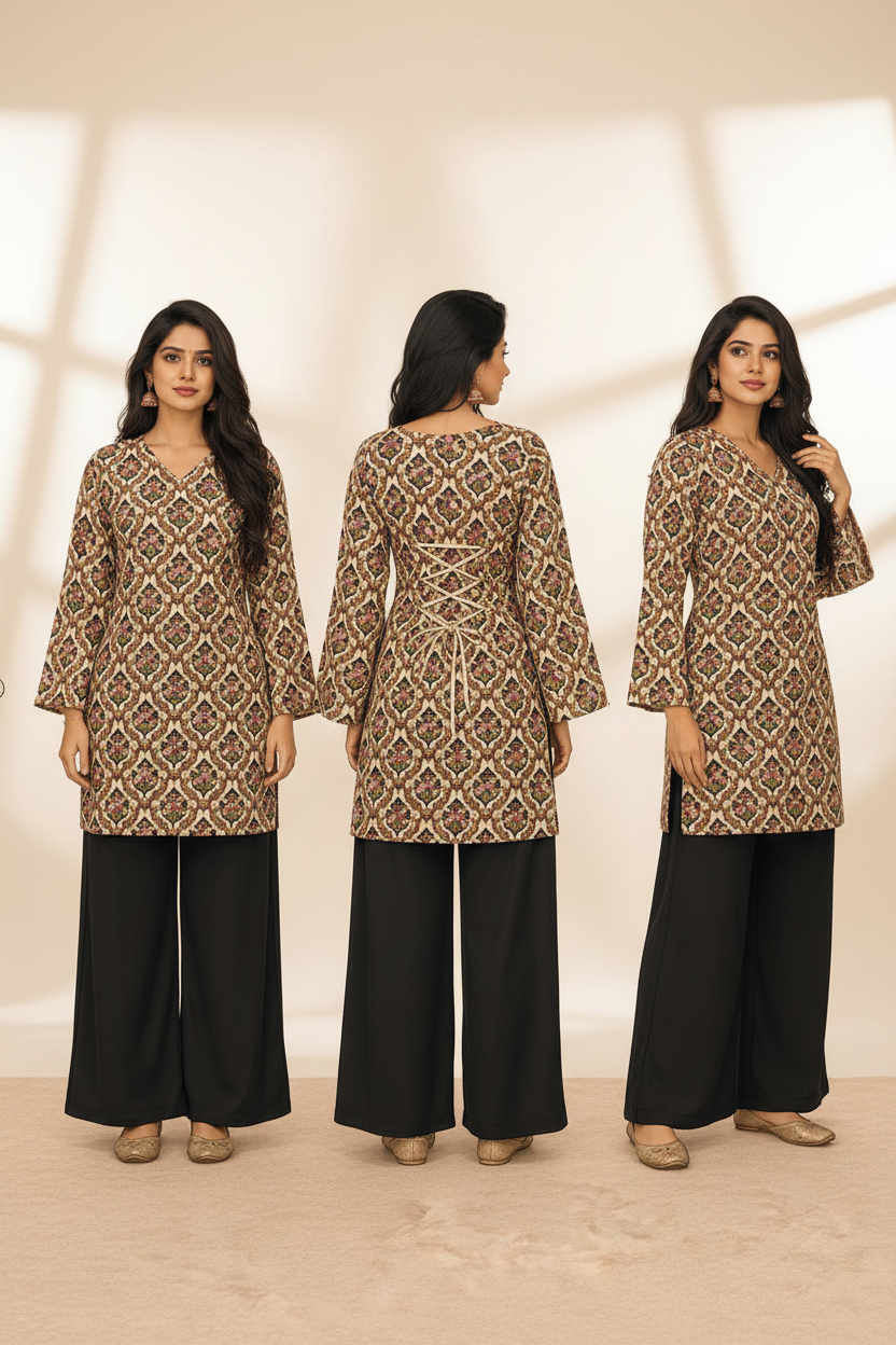 Beige Damask Rayon Top
