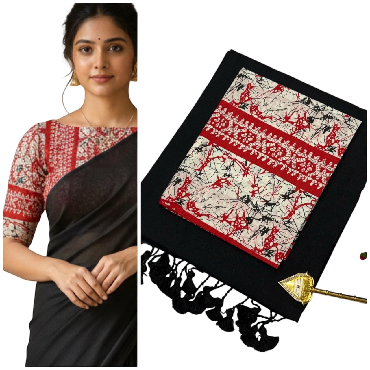 For She - Avalukaaga black pure kaadhi soft cotton saree with a red and white printed blouse piece and black tassels.