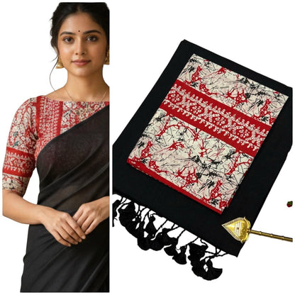 For She - Avalukaaga black pure kaadhi soft cotton saree with a red and white printed blouse piece and black tassels.