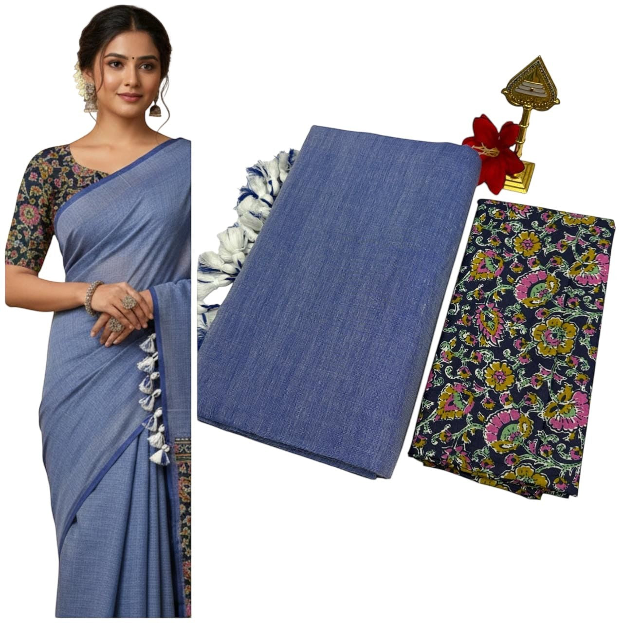 For She - Avalukaaga blue pure kaadhi soft cotton saree with tassels and a floral print blouse piece.
