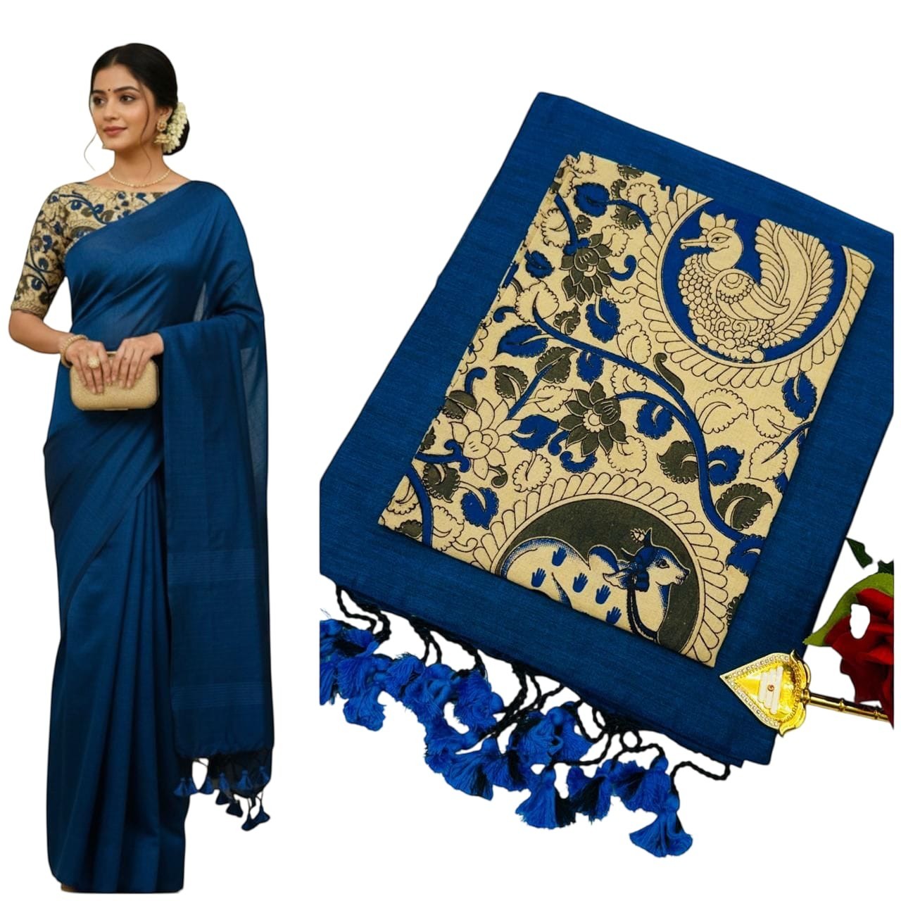 For She - Avalukaaga royal blue pure kaadhi soft cotton saree with intricate Kalamkari print blouse and tassel border.