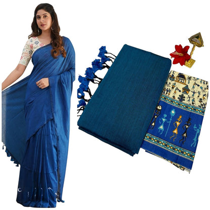For She - Avalukaaga deep blue pure kaadhi soft cotton saree with tassels and a printed blouse piece featuring tribal art.