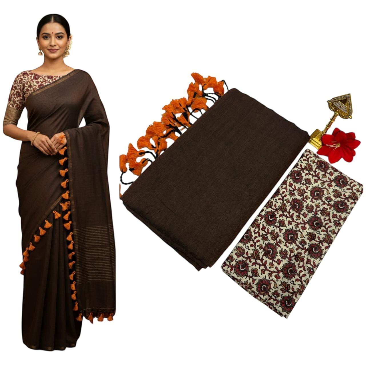For She - Avalukaaga dark brown pure kaadhi soft cotton saree with orange tassels and floral print blouse piece.